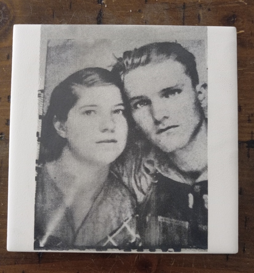 Ceramic tile with a vintage black-and-white portrait of a couple