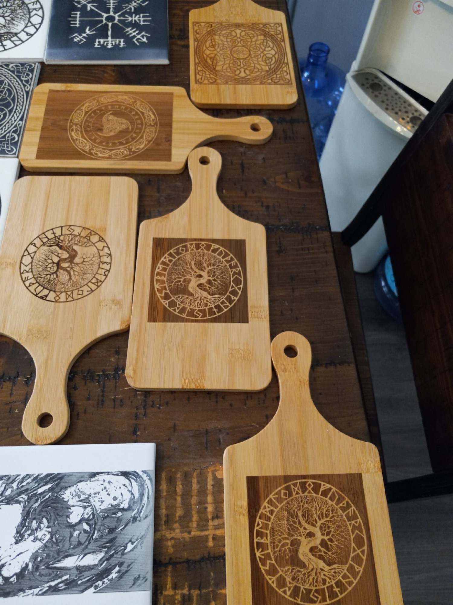 Bamboo cutting boards and paddles engraved with Tree of Life and Celtic designs