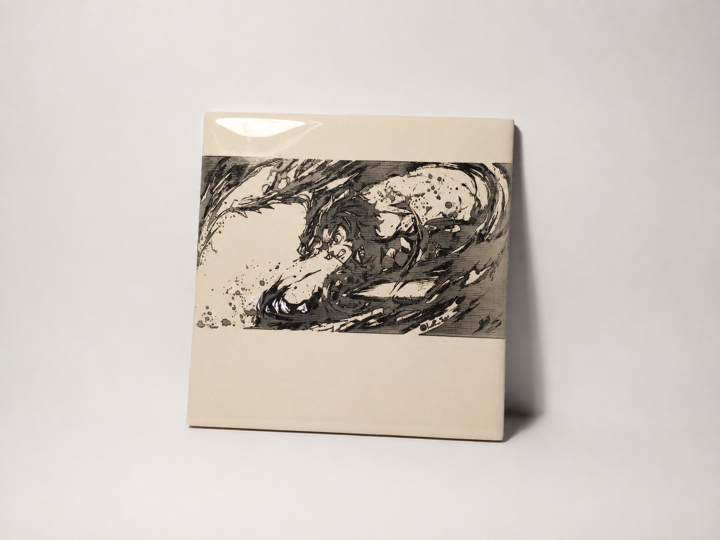 Cream ceramic tile with ink-style warrior in swirling brushwork