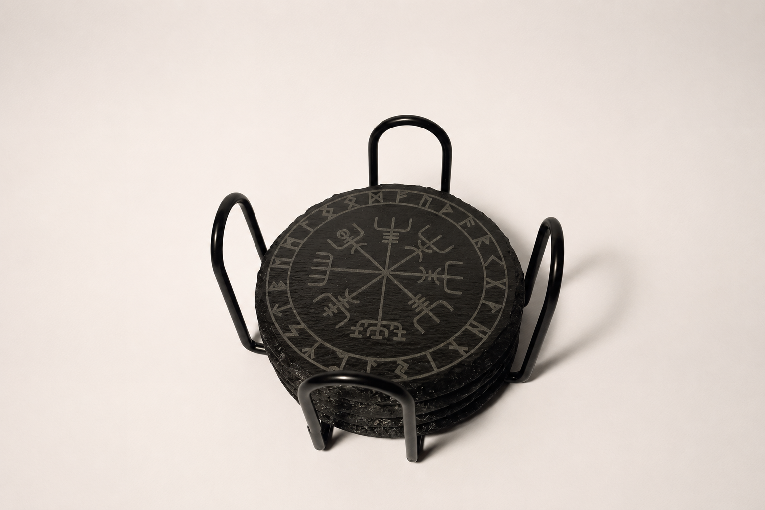 Set of four round Viking rune coasters with stand